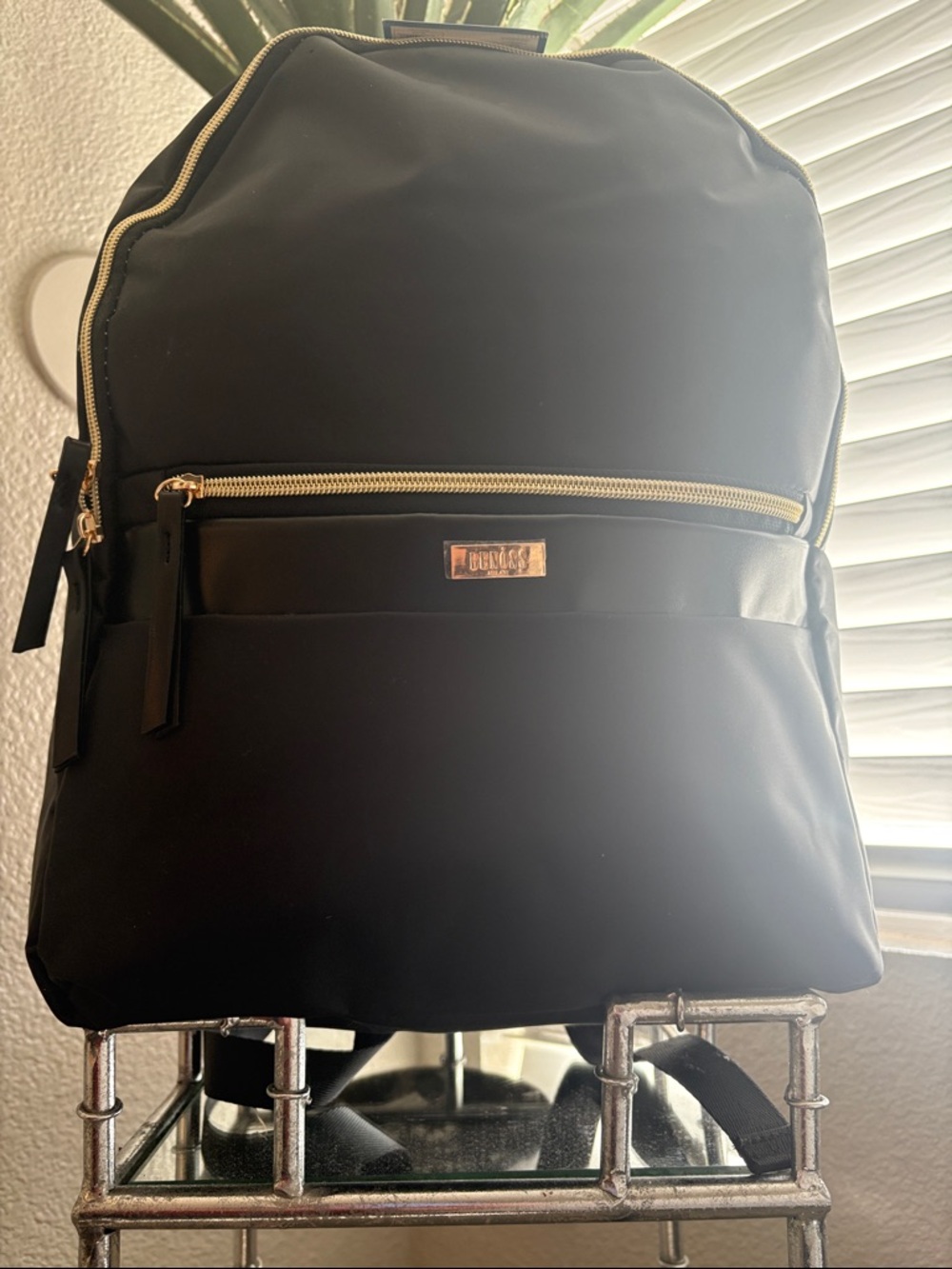 NWT BENOSS MILAN Black Nylon Backpack with Gold Hardware Travel Beach Baby SZ OS